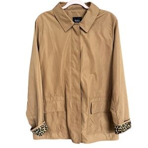 Dennis Basso Camel Tan Leopard Lined Snap Closure Microfiber Rain Jacket Size L